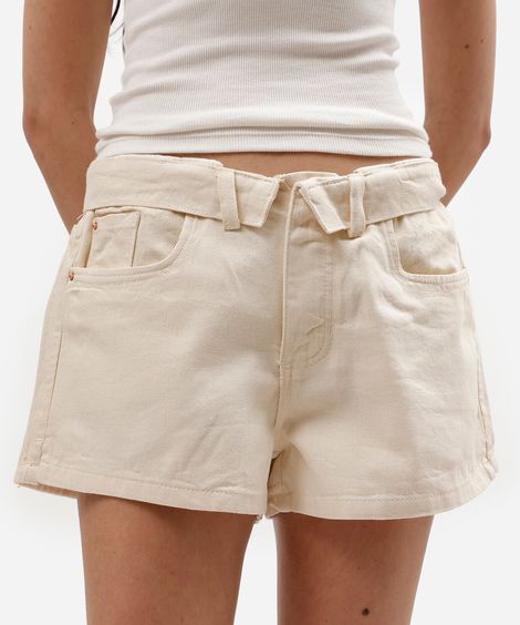 short feminino de sarja cós dobrado cintura baixa off white