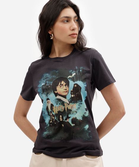 camiseta feminina de algodão manga curta harry potter cinza