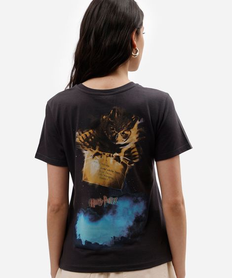 camiseta feminina de algodão manga curta harry potter cinza