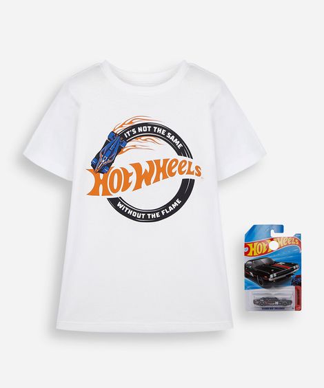 camiseta infantil de algodão manga curta hot wheels com brinde off white