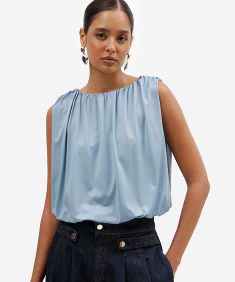 blusa feminina balonê de malha com decote redondo azul