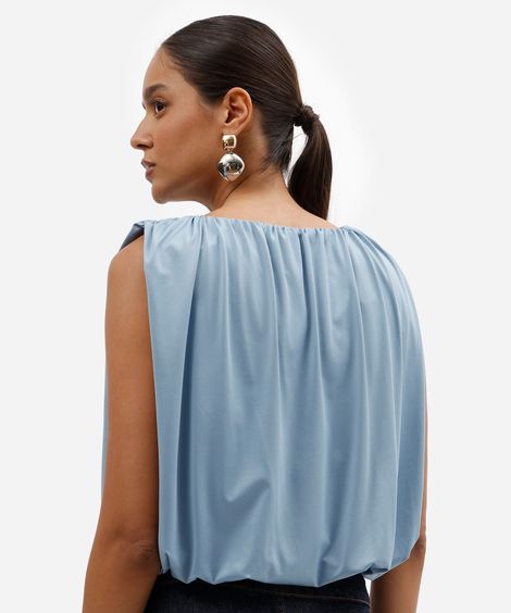 blusa feminina balonê de malha com decote redondo azul