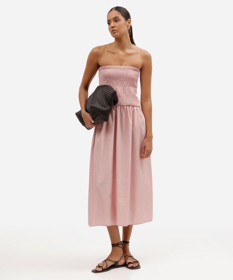 vestido midi feminino de algodão sem alça franzido rosa