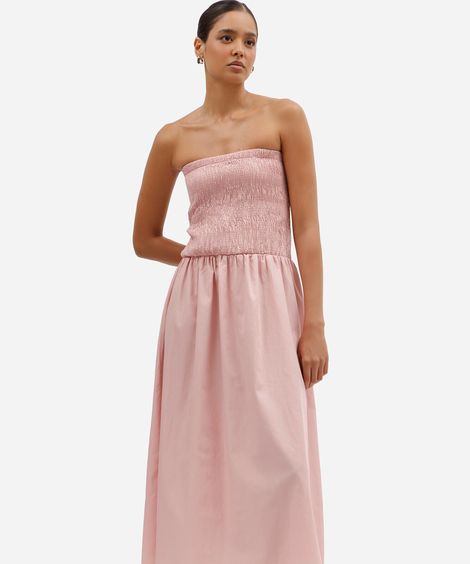 vestido midi feminino de algodão sem alça franzido rosa