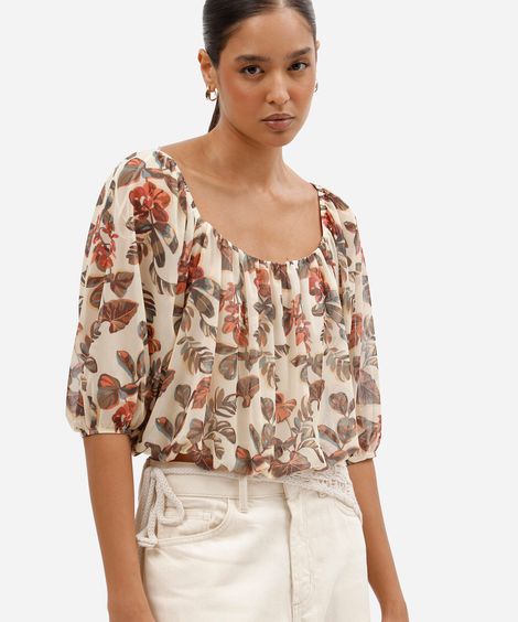 blusa cropped balonê feminino de tule decote quadrado floral bege