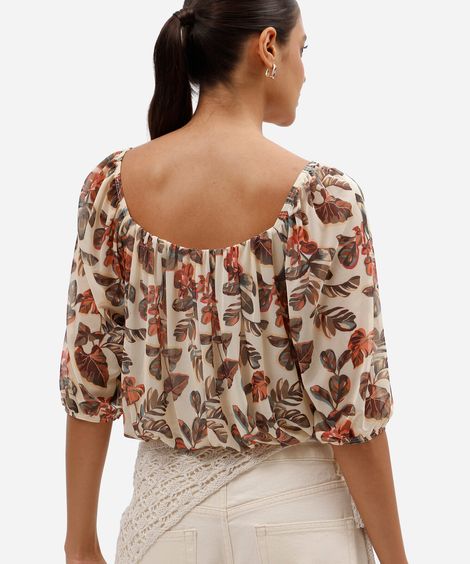 blusa cropped balonê feminino de tule decote quadrado floral bege