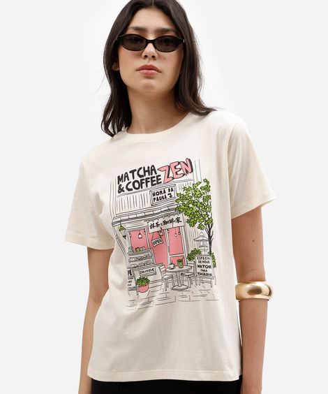 camiseta feminina de algodão manga curta estampada bege