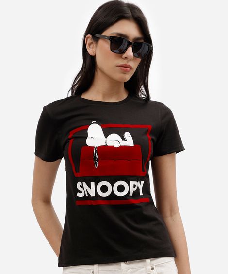 camiseta feminina de algodão manga curta snoopy preta