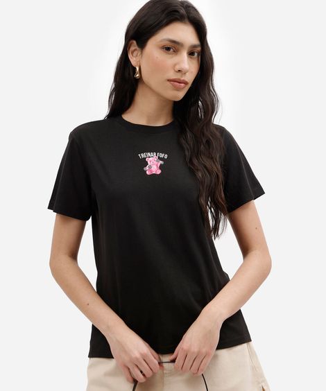 camiseta feminina de algodão manga curta estampada básica preta