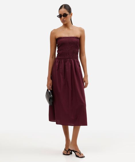 vestido midi feminino de algodão sem alça franzido roxo