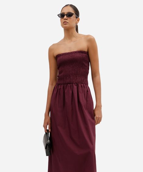 vestido midi feminino de algodão sem alça franzido roxo