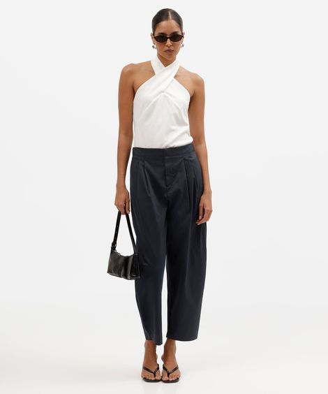 calça balloon feminina de alfaiataria com pregas cintura alta azul