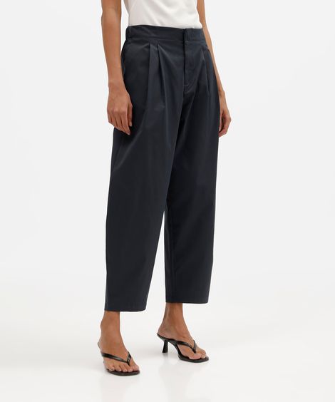 calça balloon feminina de alfaiataria com pregas cintura alta azul