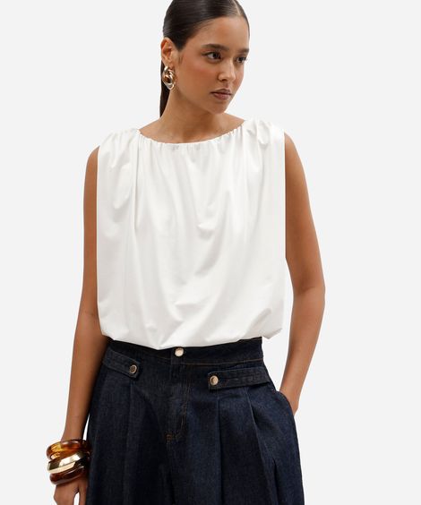 blusa feminina balonê de malha com decote redondo off white