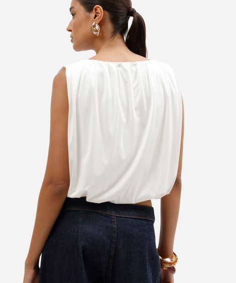 blusa feminina balonê de malha com decote redondo off white