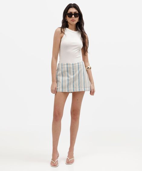 short saia feminino de sarja cintura média listrado azul