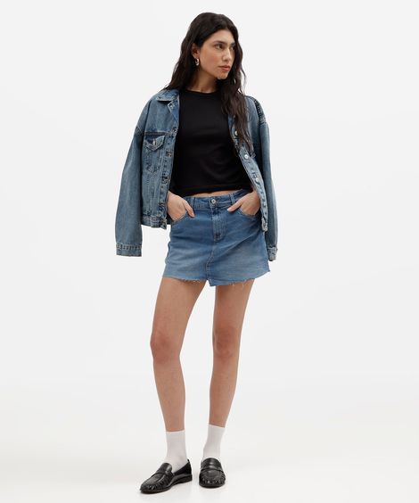short saia feminino jeans cintura alta com barra a fio azul