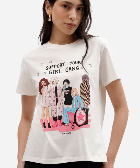 camiseta feminina de algodão manga curta barbie off white