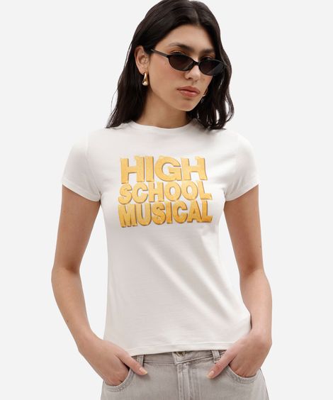 blusa baby look feminina de algodão manga curta high school musical off white