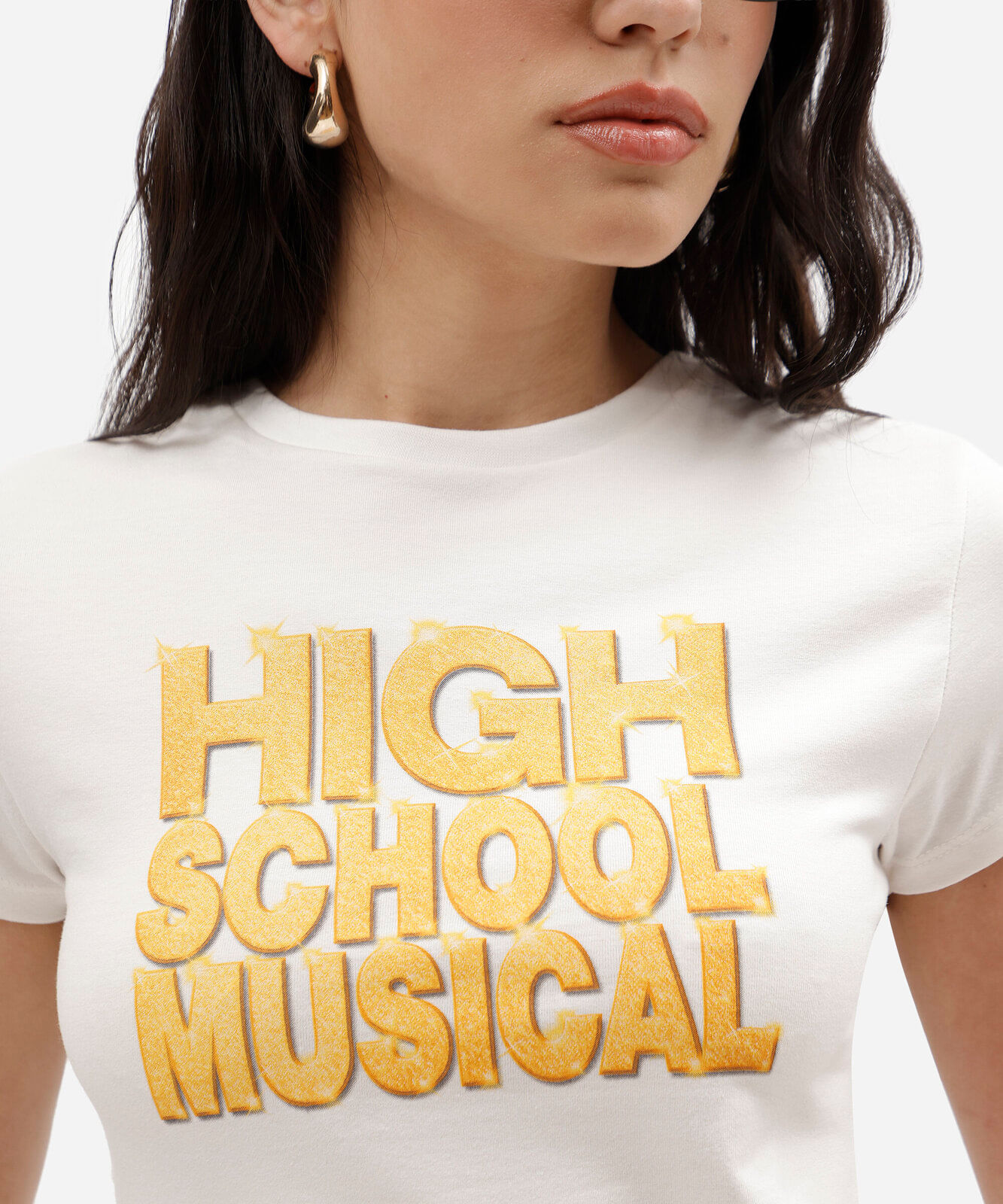 blusa baby look feminina de algodão manga curta high school musical off white