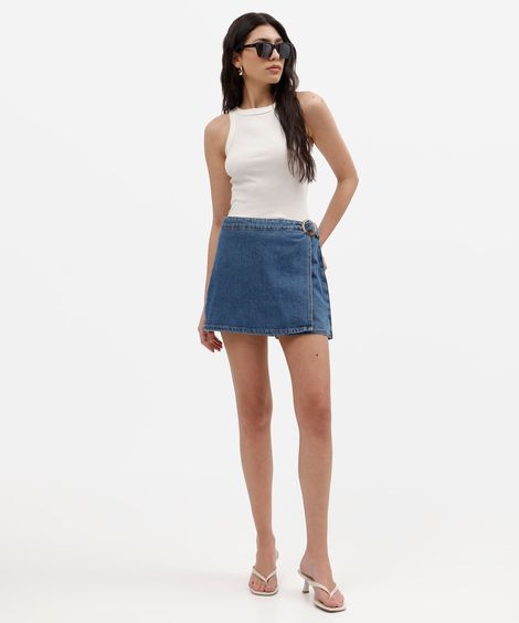 short saia feminino jeans transpassado cintura alta azul