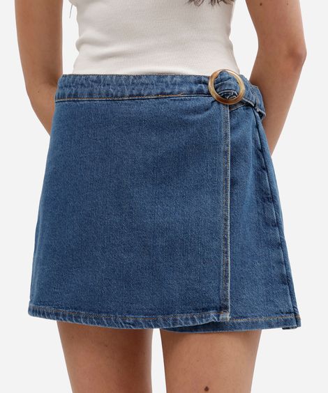 short saia feminino jeans transpassado cintura alta azul