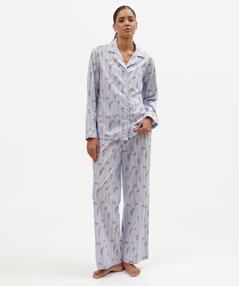 pijama americano feminino de algodão floral listrado azul