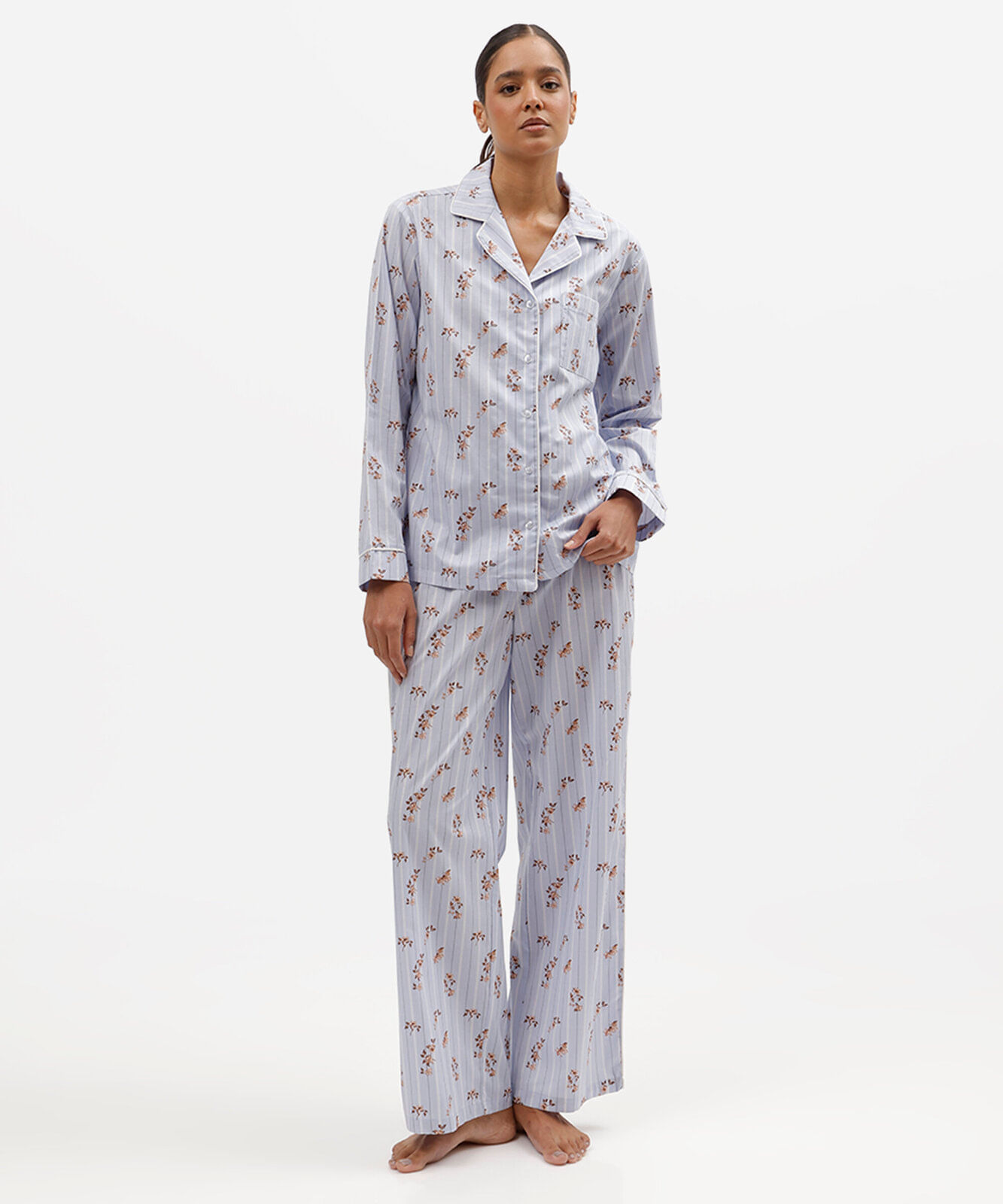 pijama americano feminino de algodão floral listrado azul