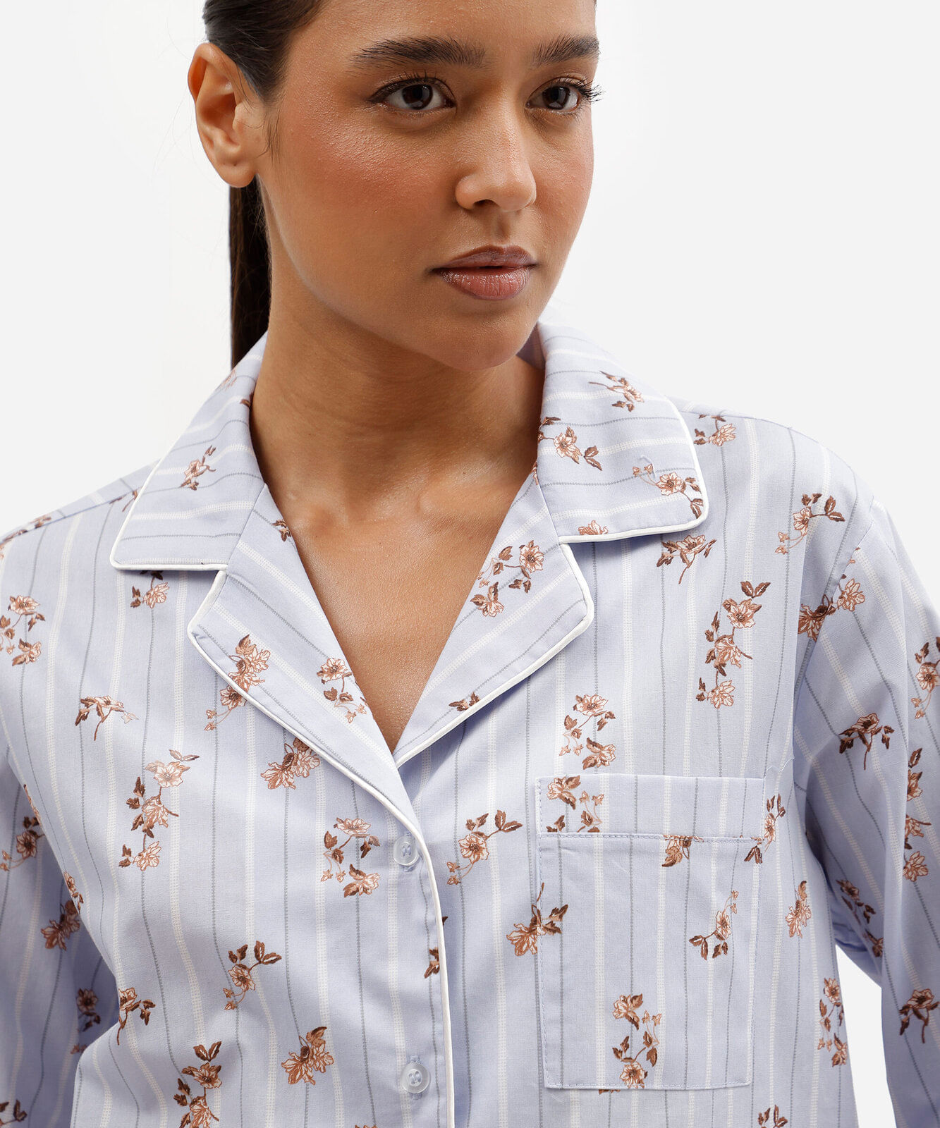 pijama americano feminino de algodão floral listrado azul