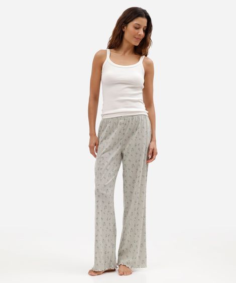 calça de pijama feminina em malha floral com barra ondulada verde