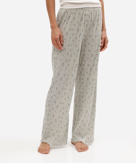 calça de pijama feminina em malha floral com barra ondulada verde