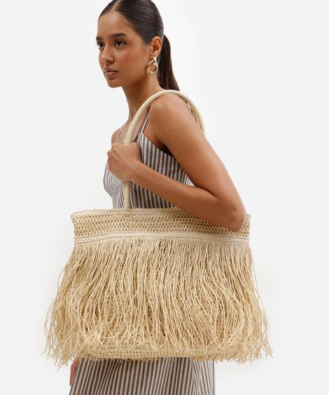 bolsa feminina shopper de palha com franjas bege