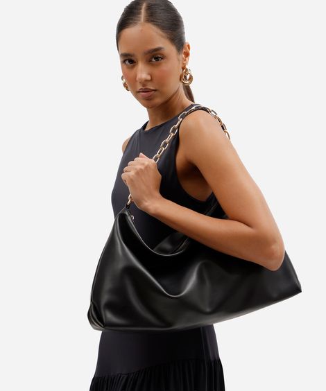 bolsa feminina shoulder texturizada com alça de corrente preta