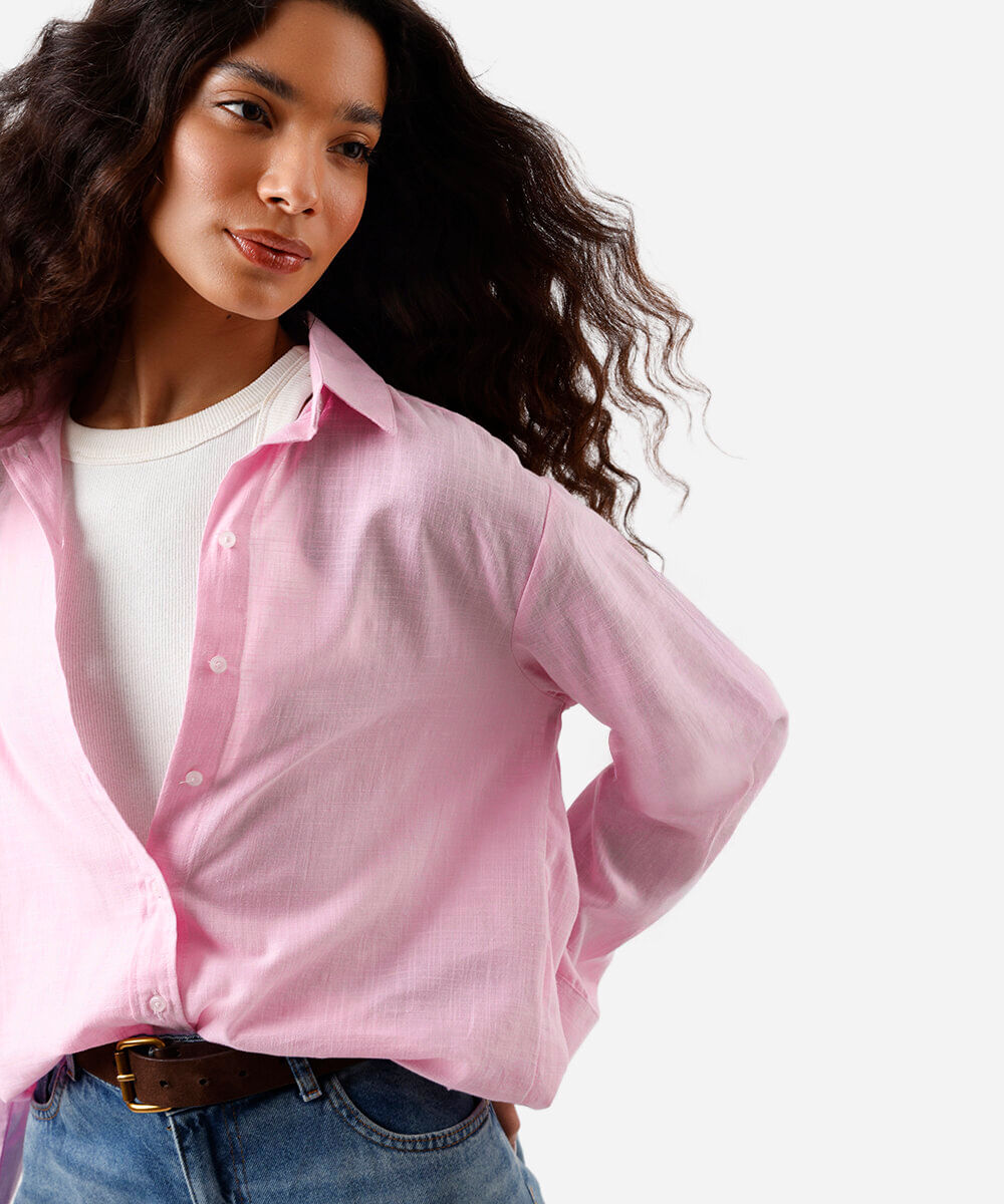 camisa feminina de algodão manga longa rosa