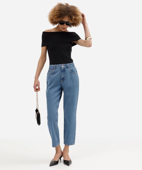 calça mom feminina jeans cintura alta listrada azul