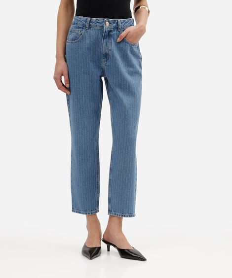 calça mom feminina jeans cintura alta listrada azul