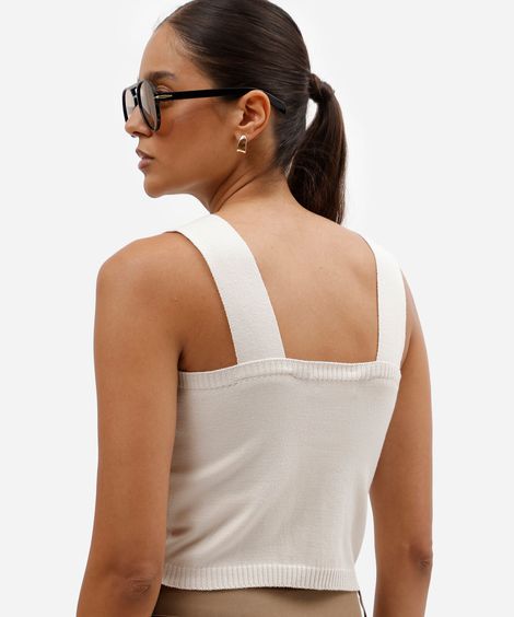 top cropped feminino de tricô com decote quadrado bege