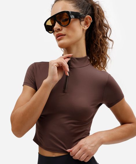 cropped gola alta com zíper esportivo marrom