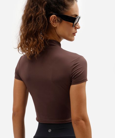 cropped gola alta com zíper esportivo marrom