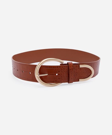 cinto feminino com textura croco e fivela arredondada marrom