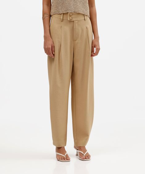 calça reta feminina com viscose e pregas bege