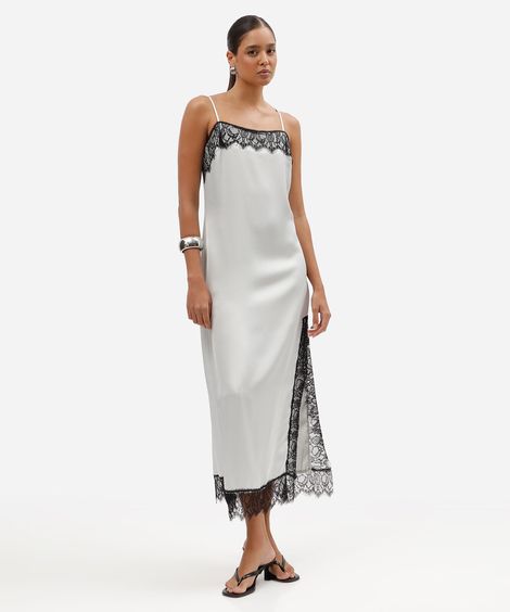 vestido midi slip dress feminino com renda e fenda acetinado azul