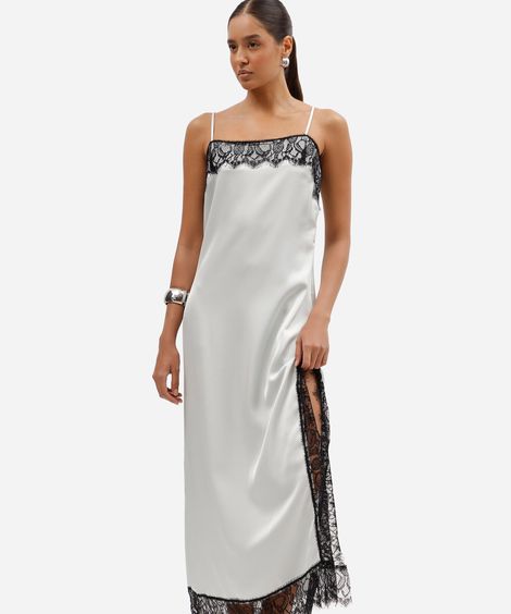 vestido midi slip dress feminino com renda e fenda acetinado azul