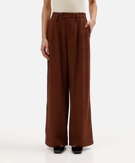 calça wide leg feminina com viscose cós elástico marrom