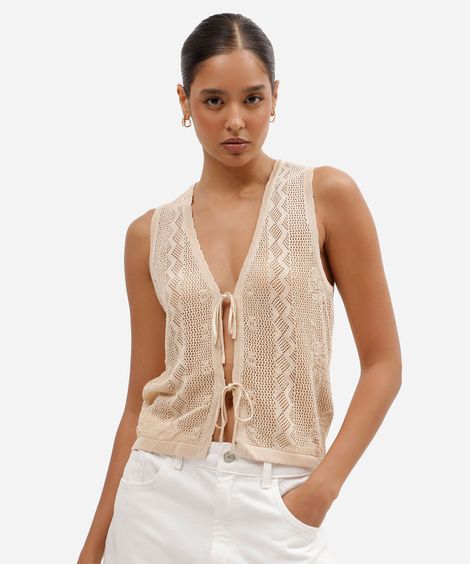 colete feminino de tricot com amarração bege