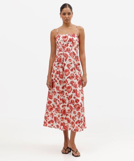 vestido midi feminino de algodão alça fina com pregas floral colorido
