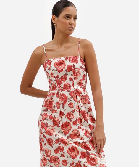 vestido midi feminino de algodão alça fina com pregas floral colorido