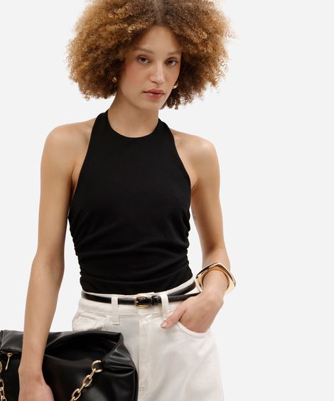 body feminino frente única franzido preto
