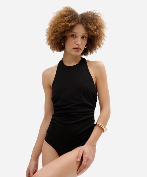 body feminino frente única franzido preto