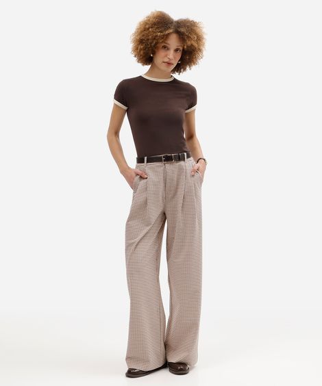 calça wide leg feminina com pregas xadrez rosa